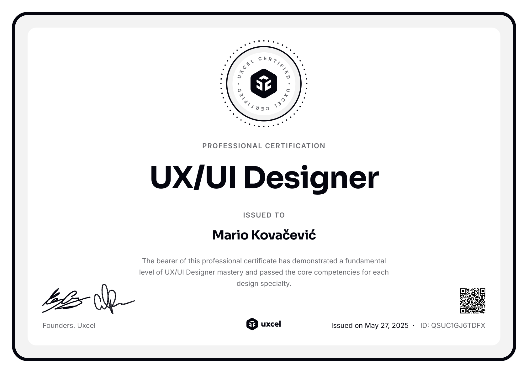 Mario Kovačević's certificate